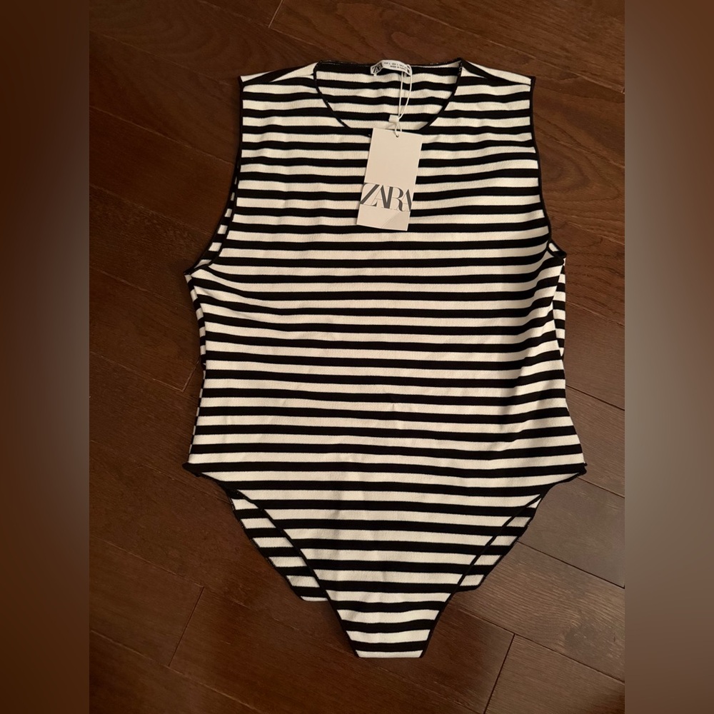 Zara Women’s Black and White Striped Bodysuit